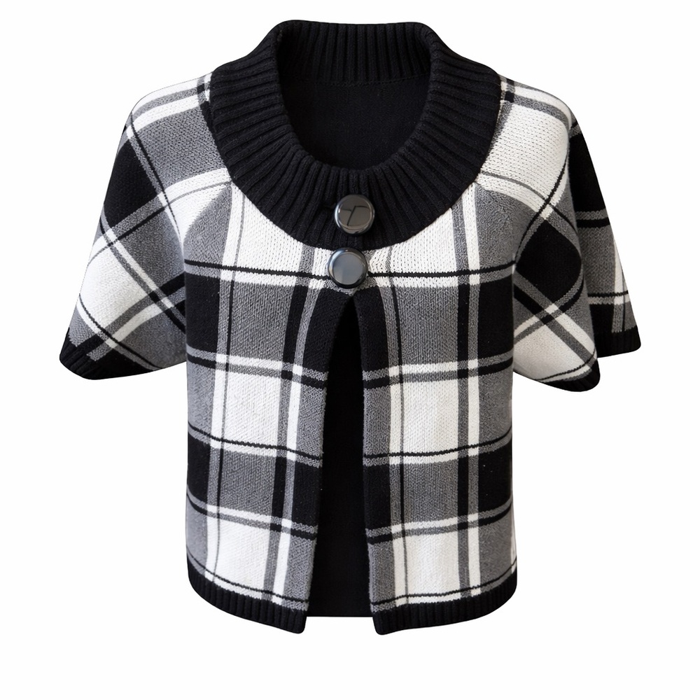 Chaus Black & White Plaid Short Sleeve Knit Cardigan Large